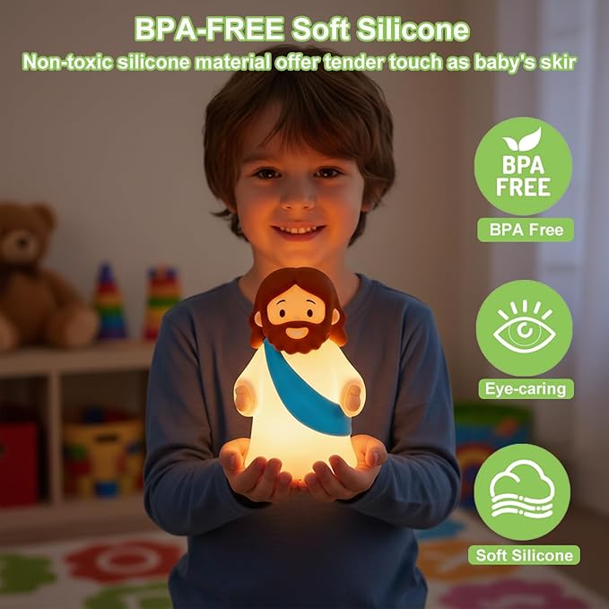 Little Jesus Night Light Mini Jesus Silicone Lamp Dimmable Nursery Nightlight for Kids Rechargeable Bedside Touch Lamp Perfect for Christmas, Easter and Baptism Gifts (Blue)