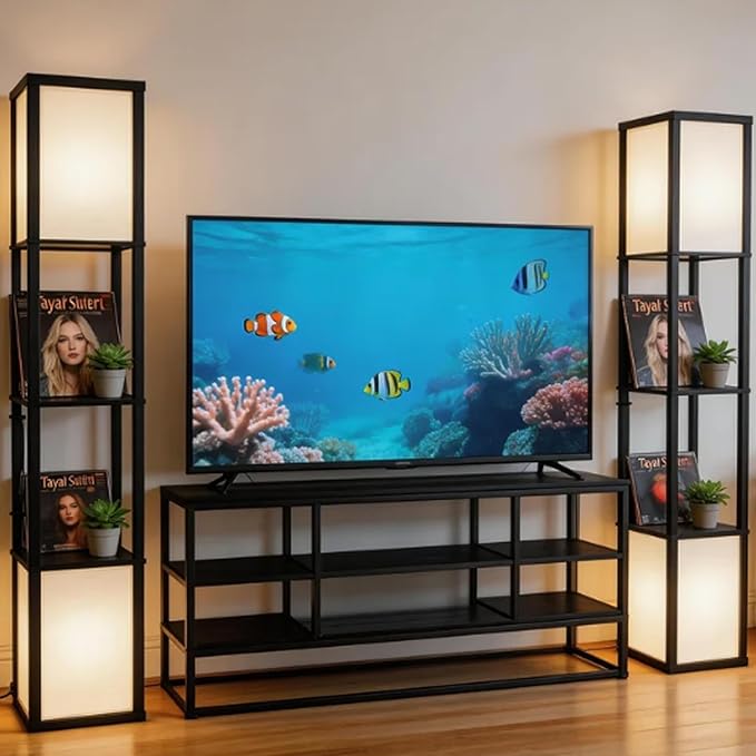 Black Floor Lamp with Shelves/Remote/App Control, Dimmable Led Standing Corner Display Bookshelf Lamp,Color Changing Temps,Floor Lamps for Living Room,Bedroom,Office (FL2L)
