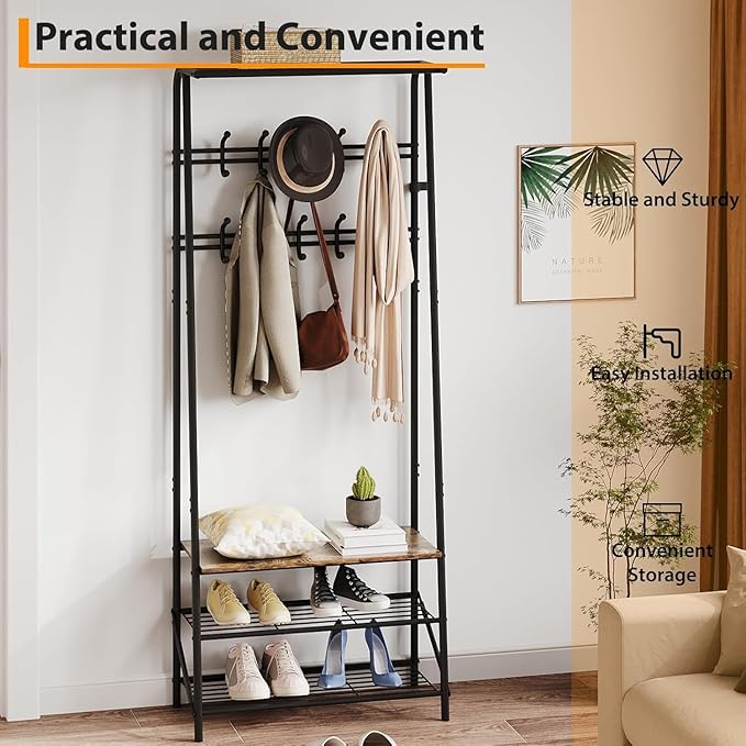 Entryway Hall Tree with Shoe Rack, Hall Tree Coat Rack with Hooks, 25” Freestanding Metal Coat Rack with Shoe Storage, Compact Entryway Organizer for Hallway and Bathroom