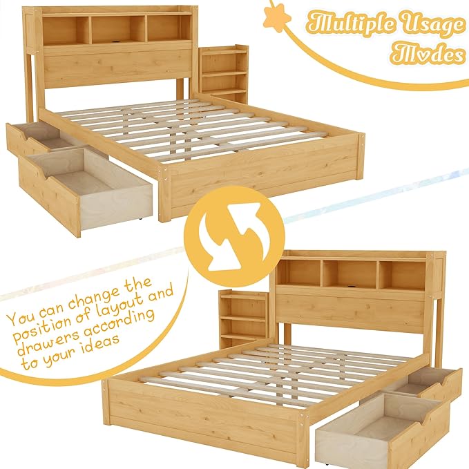 Kids Full Bed Frame with Drawers & Storage Headboard, Solid Wood Platform Bed with Pull-Out Cabinet, Built-in LED Light & Charging Station, No Box Spring Needed, Natural