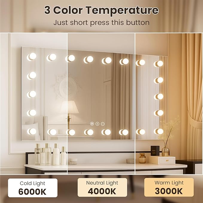 WTTY LED Bathroom Mirror with Lights 72"x32" Hollywood Wall-Mounted Mirror with 3 Color Temperatures, Stepless Dimmable Bulbs, Anti-Fog & Shatter-Proof