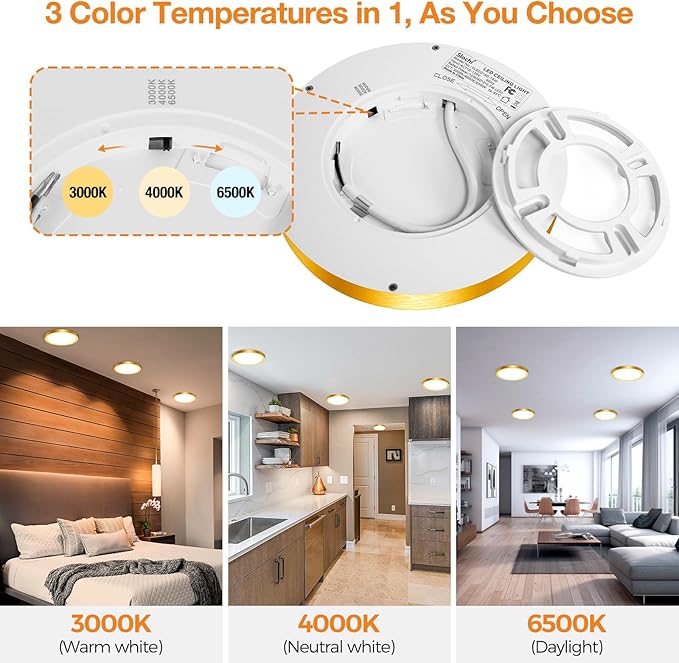 slochi 7.2 Inch LED Flush Mount Ceiling Light Fixture, 3000K-4000K-6500K & 100W Equivalent Modern Kitchen Recessed Ceiling Lamp 15W 1500Lm Closet Round Surface for Bathroom Laundry-Gold-Bronze