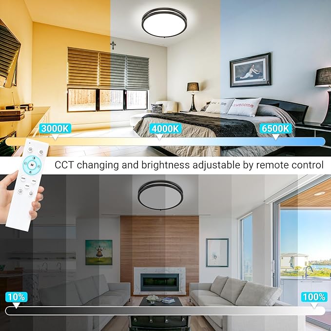 libtit 2Pack 16Inch Flush Mount Ceiling Lights with Remote, 36W Dimmable LED Ceiling Light 3000K-6500K Adjustable, Large & Bright Black Light Fixture for Kitchen Bedroom LivingRoom