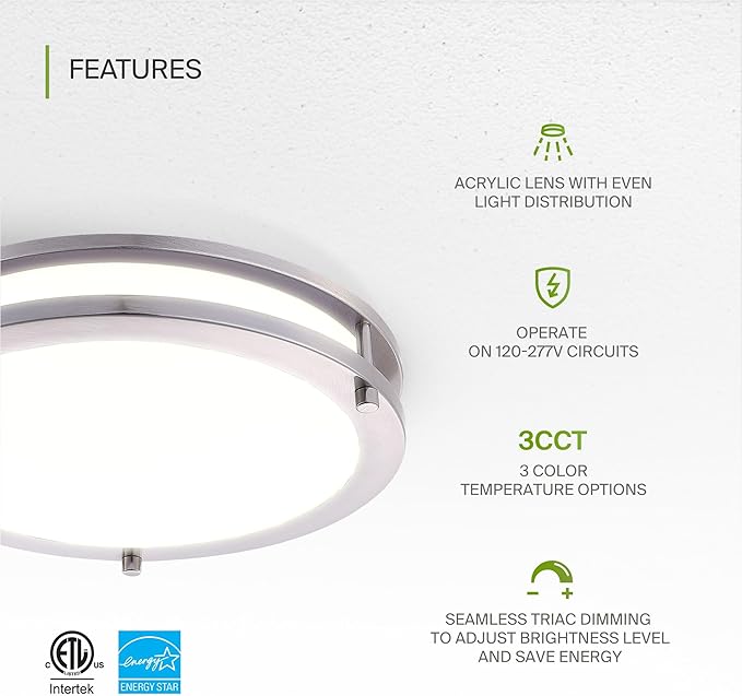 ASD LED 14" Round Flush Mount Lighting, Close to Ceiling Light Fixture | 3CCT, Dimmable, Energy Star, ETL Listed | 21W 1725LM 3000-5000K 100-277V | Low Profile Double Ring Lamp | Nickel, 4 Pack