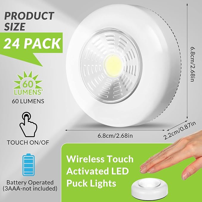 Macarrie 24 Pack Push Tap LED Puck Lights, 2.68" Mini Wireless Touch Night Light, 60 Lumens Battery Operated Stick on Lights for Under Cabinet, Kitchen Counter, Closet & Wall(White)