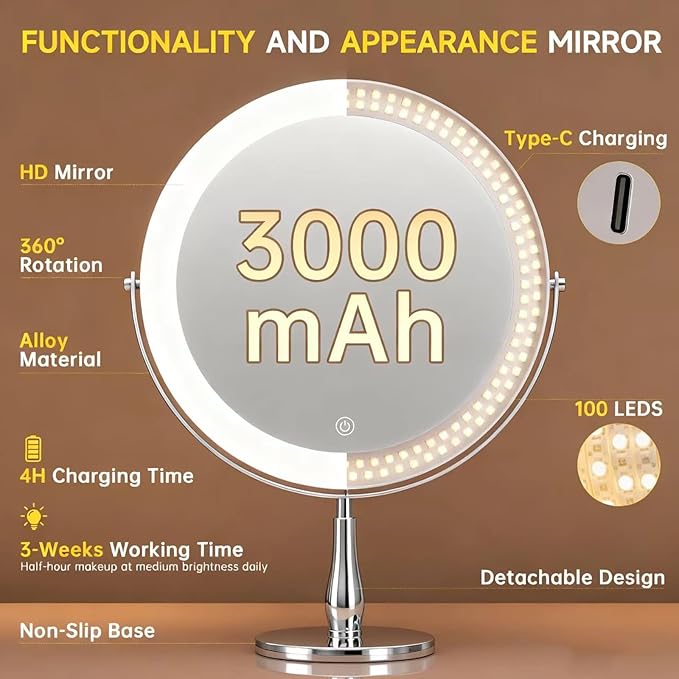 11.8" Extra Large Lighted Makeup Mirror, 1X/10X, 2-Sided Magnifying Mirror with 96 LEDs, 3 Color Dimmable Lights, 360° Swivel, LED Vanity Mirror, White - Great Gift Chrome