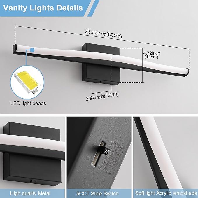 Modern Bathroom Vanity Light 24 inch, Curved, Dimmable 5CCT Led Bathroom Light Fixture Over Mirror, Black Bar Vanity Light for Bathroom Mirror Cabinets-ETL Certificated Modern LED Vanity Makeup Lights