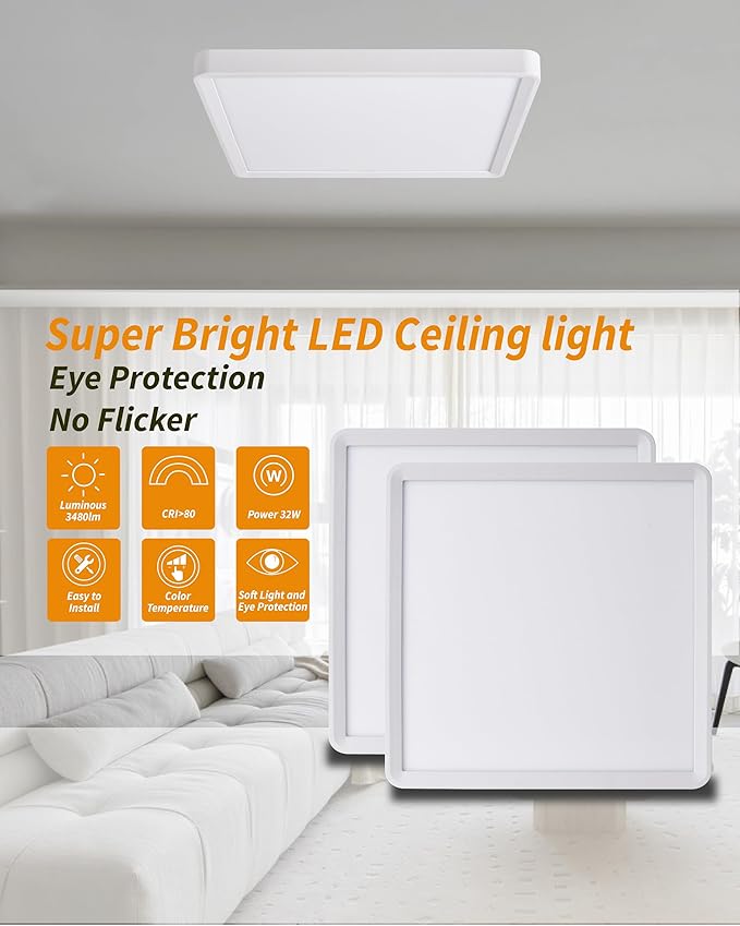 Square Led Flush Mount Ceiling Light,16 Inch 40w 3820lm led Light 3000k,4000k,6000k CCT Selectable,Flat Panel Super Slim Led Ceiling Light Fixture,for Living Dining Kitchen Bedroom Room (1Pack-White)