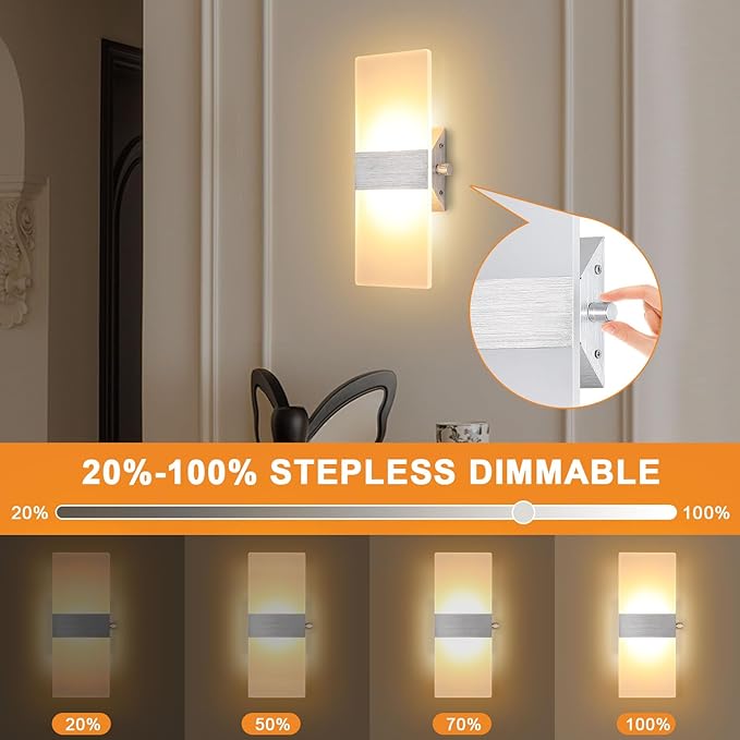 LIGHTESS Modern Wall Sconces Dimmable Switch 12W LED Wall Lights Up Down Wall Lamp Acrylic for Bedrooms Hallway Corridor, Warm White, HS621-2