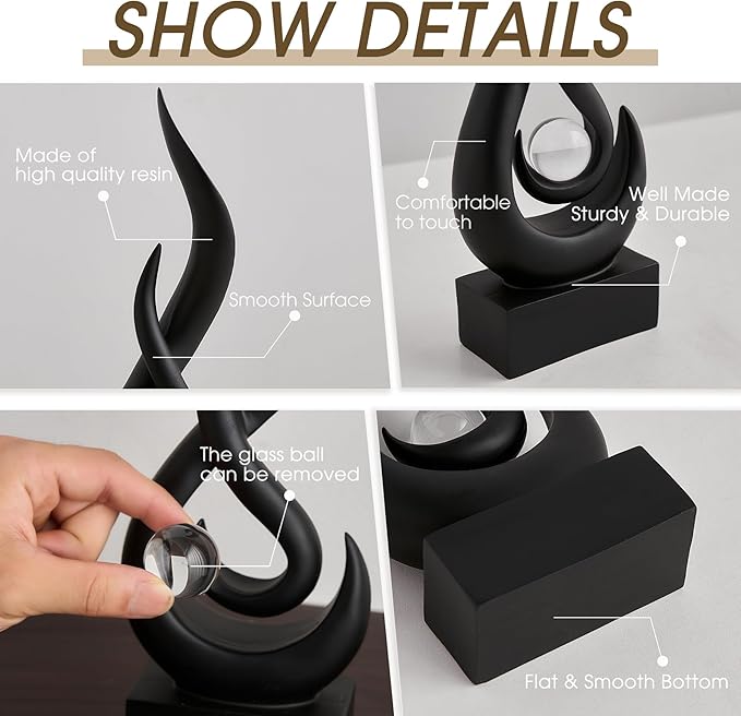 Black Flame Statue Decor for Living Room, 13.7" H Modern Minimalist Sculptures Home Decorations for Dining Room, Abstract Art Sculpture for Shelf Coffee Table Centerpiece