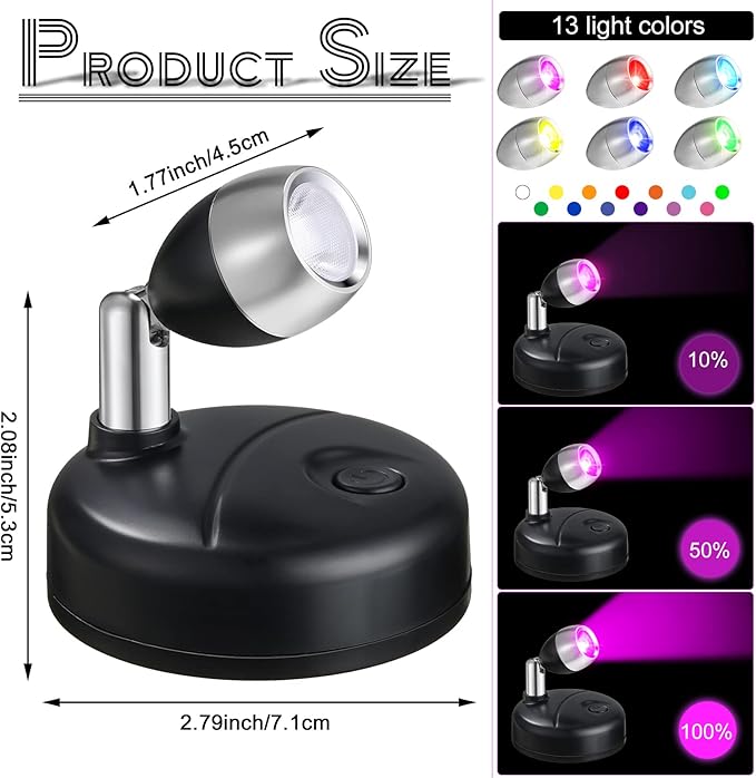 Hortsun 6 Pieces Battery Operated Spotlights Indoor LED Wireless Spotlight Indoor 13 Color up Lights with Rotatable Light Head Stick on Wall Hallway for Painting Picture Artwork Closet (Black)
