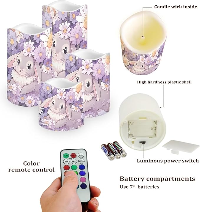 Cute Bunny Puprle Daisy Flickering Flameless Candles with Remote LED Pillar Candles Battery Operated with Timer Color Changing Electric Candles Easter Decoration