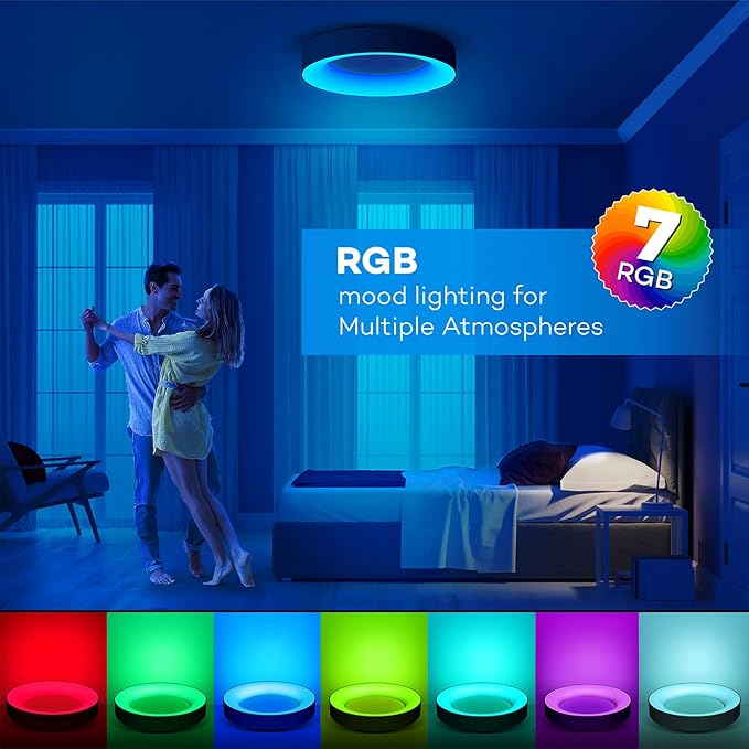 RGB Led Flush Mount Ceiling Light with Remote Control, 11 Inch 24W Black Ceiling Light Fixture, 3000K-6500K Light Color Changeable, Modern Ceiling Lights for Bedroom Kids Room