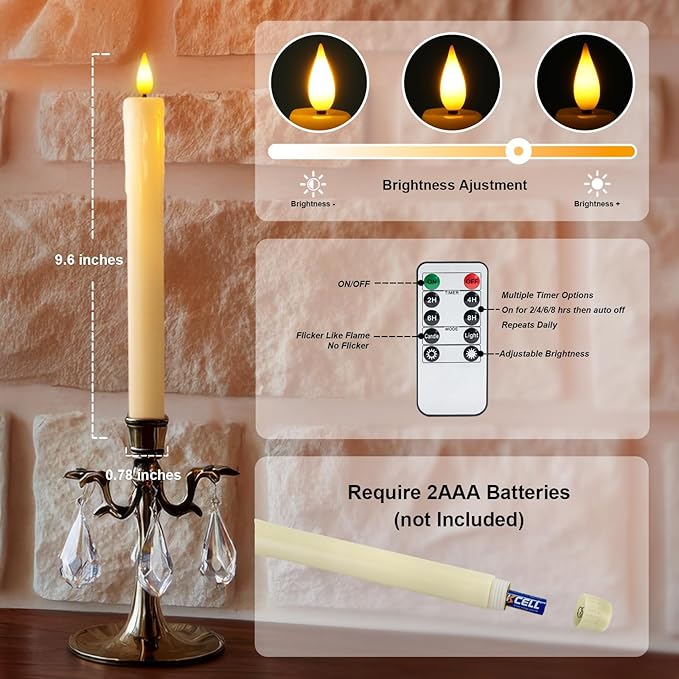 Homemory 24 Pcs Real Wax Flameless Taper Candles with Remote Timer and Dimmer, Battery Operated Candlesticks with Flickering Light, Ivory Window Candles, 9.6 Inches for Wedding Home Decor