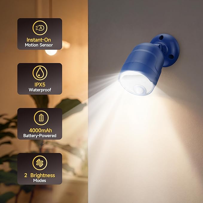 Wireless LED Spotlight, Battery Operated Motion Sensor Outdoor Light - 4000mAh Rechargeable 2-Mode IPX5 Waterproof 600LM Light for Porch, Garage, Hallway, Wardrobe (Blue)