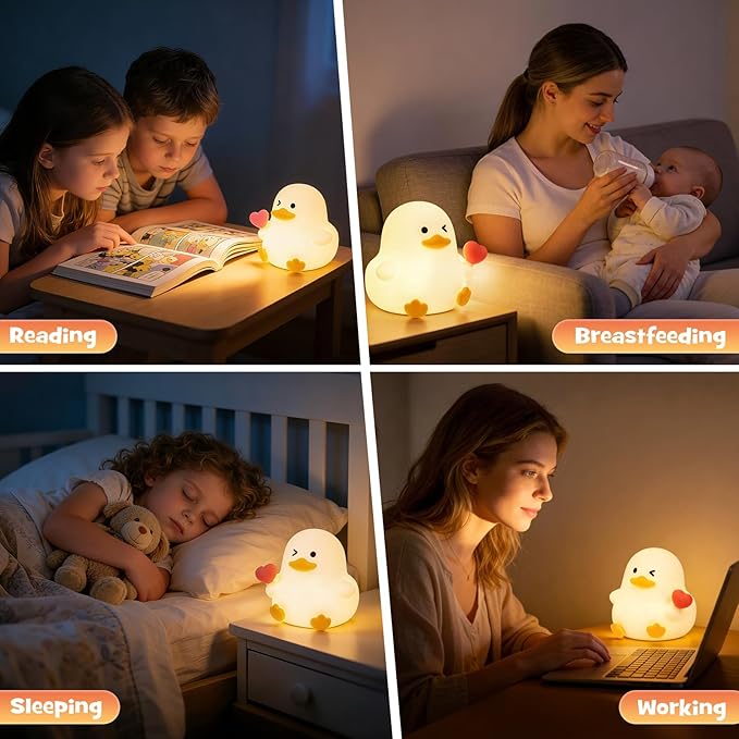 Duck Night Light Squishy Silicone Nursery Breastfeeding Nightlight with Timer 3-Level Warm White & RGB Color Modes Cute Duck Lamp Rechargeable Touch Bedside Desk Animal Lamp for Bedroom Dorm Decor