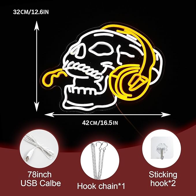 Skull Headphone Neon Sign Headphone Neon Light for Wall Decor LED Dimmable USB Skull Light Up Sign for Boys Gaming Room Bedroom Man Cave Gifts for Men Neon Lamp Game Room Accessories Personalized Gift
