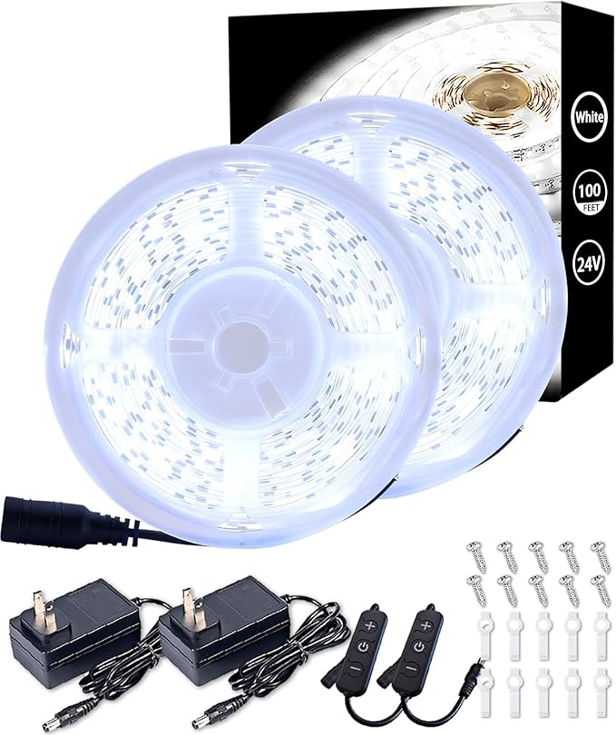 100 FT Led Strip Lights for Bedroom Dimmable 2 Set 50 FT 180 LEDs Rope Light Flexible Super Bright White Tape Lights for Ceiling Room Home Decor Luces LEDs