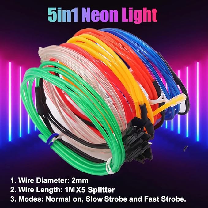 Ourbest EL Wire Lights Battery Powered, Wearable Led Wire Lights 5in1 neon String Light,DIY neon Sign kit Stay/Slow/Fast Flash Party Decoration 1M MUL