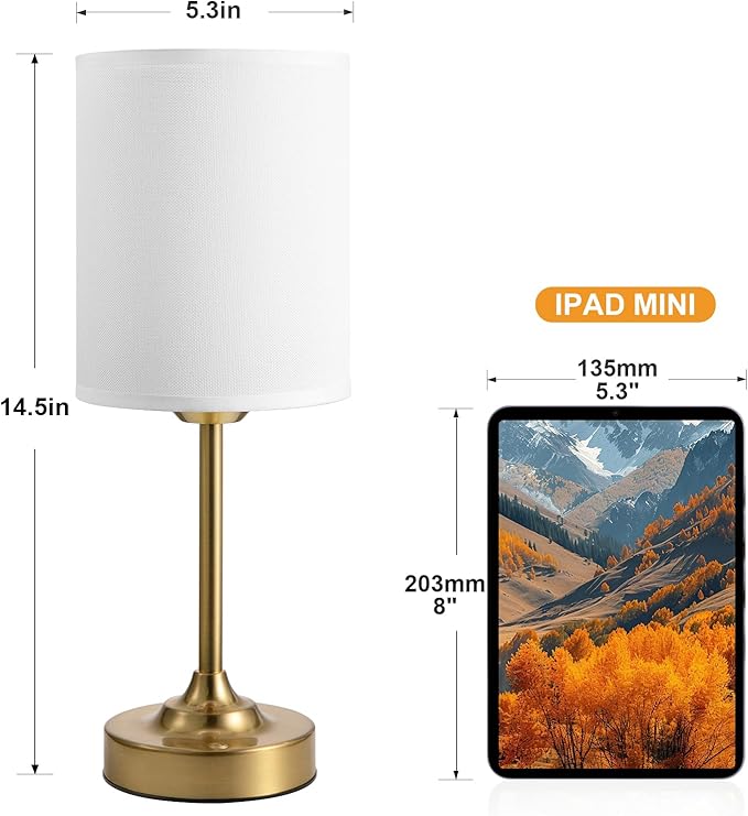 Touch Control Cordlss Table Lamp, USB-C Rechargeable Lamp with Stepless Dimming, 4000mAh Battery Operated Vintage Bedside Lamp for Bedroom, Living Room, Night Light & Emergency Lighting, Brass, 1 Pack