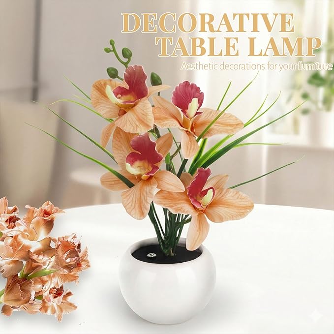 Artificial Flower Night Light, Touch Stepless Dimming USB Rechargeable Orchid Flower with Vase Lamp, LED Table Lamp Decorative Landscape Lights for Festival Party Home Decor (Champagne)