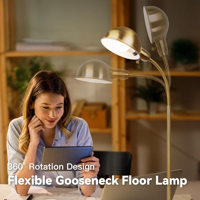 Dimmable Floor Lamp with Remote, Color Temperatures and Brightness Adjustable, Flexible Floor Lamp with Rotating Head, Modern Style Standing Tall Lamp, E26 Socket (Gold-Remote)