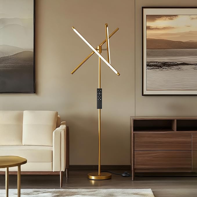 LED Dimmable Floor Lamp with Remote & Foot Switch, 2700–6000K Adjustable Color Temperature & Stepless Dimming, 3-Bar Linear Tall Standing Lamp, Slim Gold Corner Floor Lamp for Living Room Bedroom