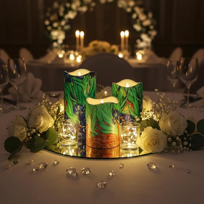 Floral Flameless LED Pillar Candles, 3pcs Van Gogh Irises Battery Operated Flickering Candles with Timer Remote,Decorative Flickering LED Candles for Wedding Mother's Day Home Decor