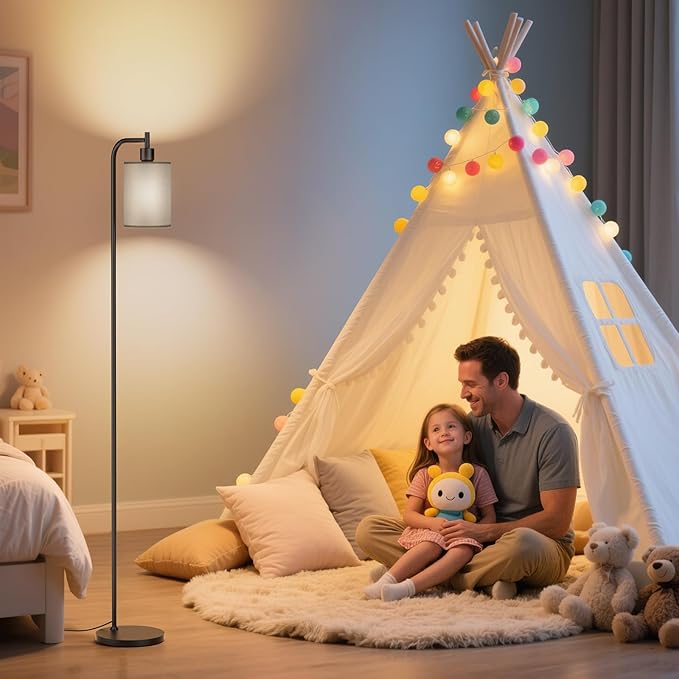 Floor Lamp with Linen Shade, Dimmable Tall Standing Lamp with Remote Control & 3 Color Temperatures, Modern Floor Lamps for Living Room Bedroom Office Corner, 9W LED Bulb Included