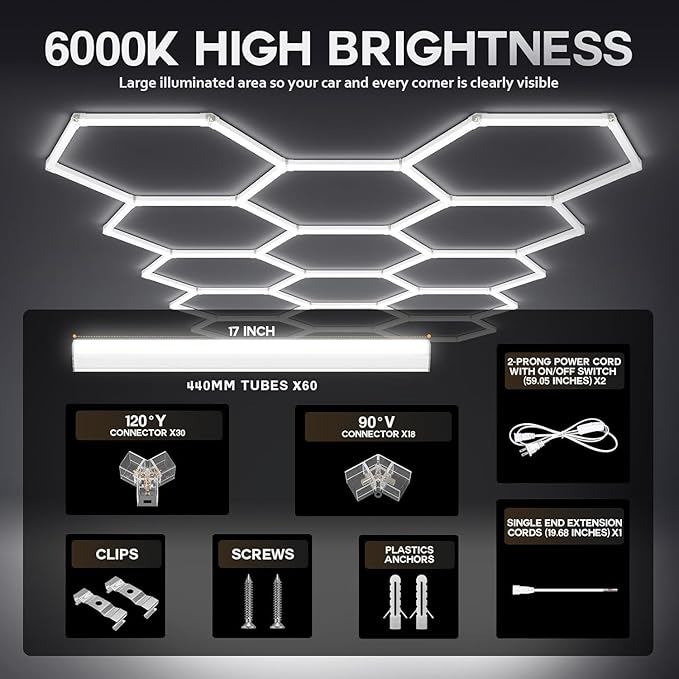 35Lights LED Hexagon Garage Lights,8-Hex Honeycomb Lights 38800Lumens Hexagon DIY Super Bright Car Detailing Ceiling 388W LED Shop Light for Warehouse Workshop Gym Basement