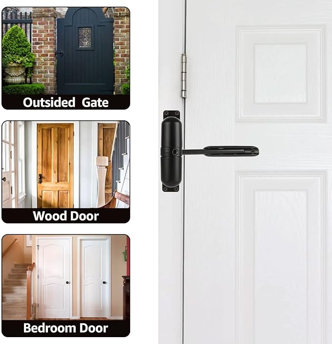 2PCS Automatic Door Closer Safety Spring Door Closers, Adjustable Closing Door Hinge for Convert Hinged Doors to Self-Closing, Black Door Closer Auto for Residential, Commercial