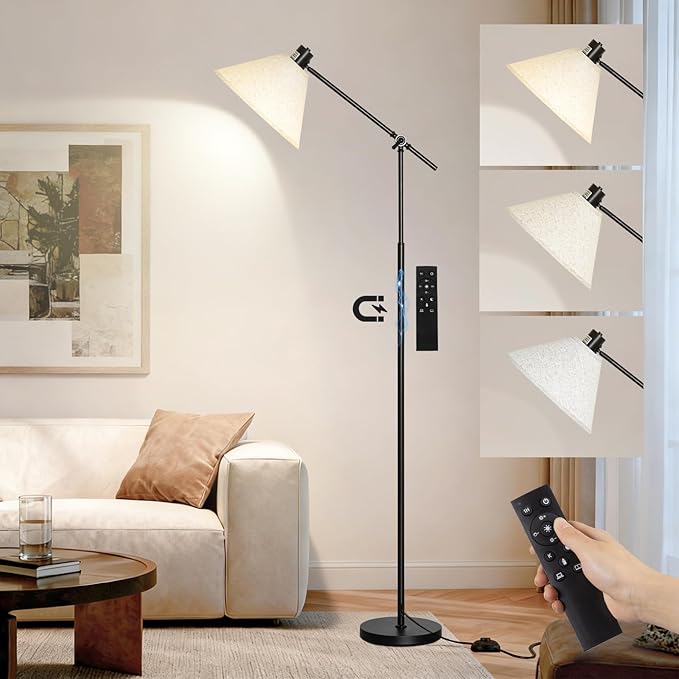 Remote Floor Lamp for Living Room and Bedroom - Modern Tall Standing Lamps with Led Bulb and Dimmable Light - Black Arc Stand Lights with Shade for Home Decor, Office, Reading and Corner