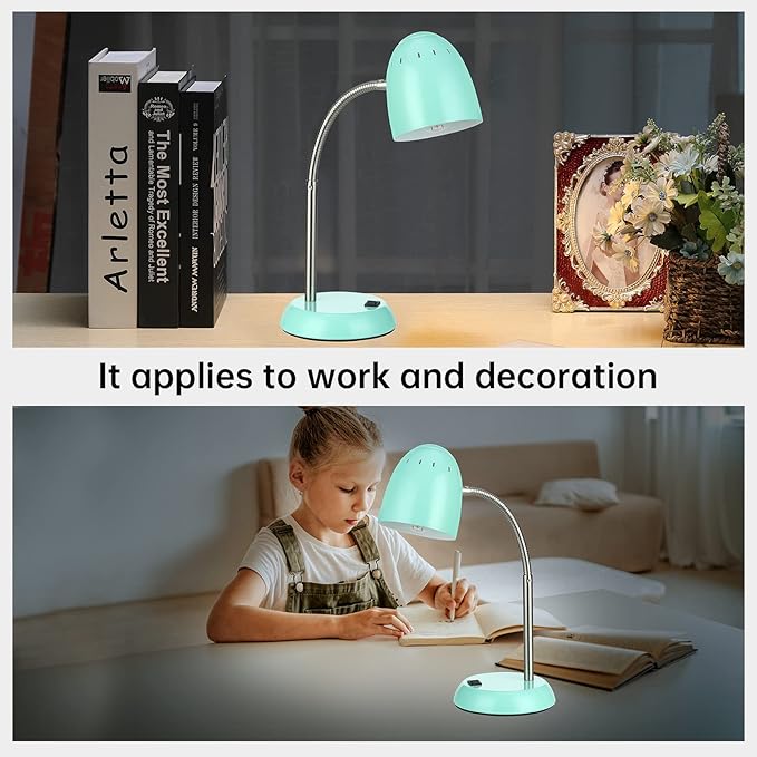 Eye-Caring Table Lamp of Simple Designs Home E26 Led Screw Basic Metal Desk Lamp with Flexible Gooseneck Hose Neck Study Lamp for Bedroom Office Living Room Convenient On/Off Switch(Green)
