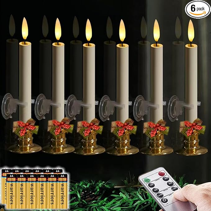 NONNO & ZGF 6 Pack Flameless 8.7'' Window Candles with 12 AA Batteries(Include) +6 Bows(with Bells) +6 Suction Cups+6 Golden Candleholders. Battery Powered Ivory Taper Candle with Remote and Timer