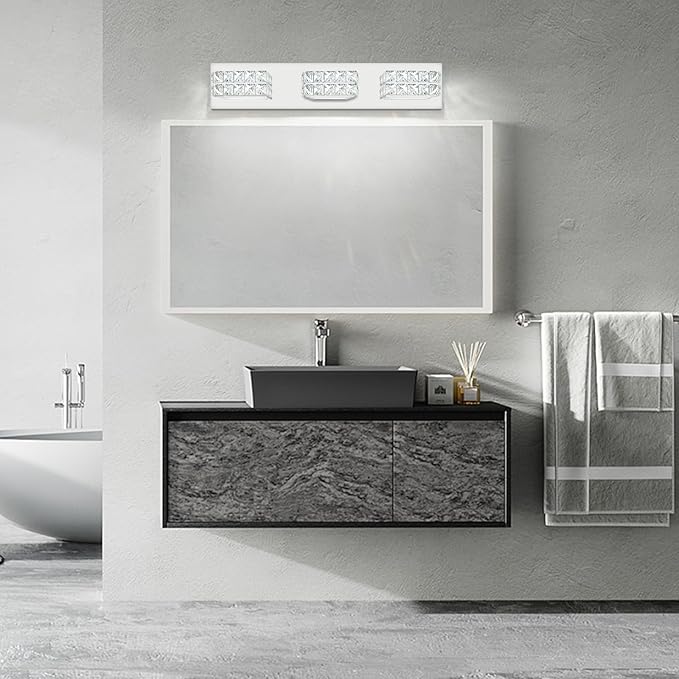 OKELI Bathroom Crystal Vanity Light Fixtures, Modern LED Vanity Light for Bathroom, 3 Lights Crystal Mirror Front Lamp, 6000K Cool White, 18W, Dia 22 Inch ETL Listed