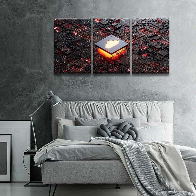 LSIUHWUWI 3 Panel Modern Wall Art CPU Cloud Computing Pictures Print on Canvas Wall Art for Bedroom Living Room Home Office Wall Decorations Framed Ready to Hang 16x24inchx3