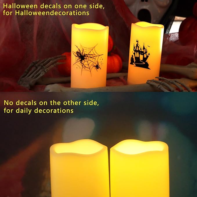 CANDLE CHOICE Outdoor Battery Operated Flameless Pillar Candles with Auto Daily Timer Waterproof Realistic Flickering Electric LED Lights with Spider Castle Decals Halloween Decorations 3”X6” 2 Pack