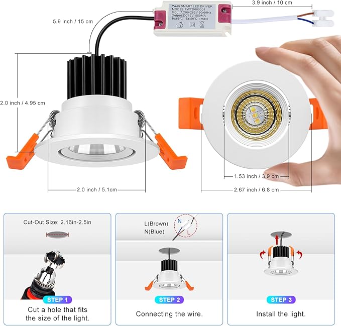 2 Inch Smart Recessed Lighting, 5W WiFi Dimmable LED Downlight, RGB Color Changing & CCT 2700K–6500K, Compatible with Alexa & Google Home, LED Recessed Ceiling Light with Driver (1 Pack)
