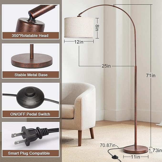 Floor Lamp for Living Room, Vintage Arc Floor Lamp with Adjustable Lamp Head, Tall Pole Lamp with On/Off Pedal Switch, Over Couch Arched Reading Light for Bedroom, Office, Study Room (Antique Bronze)