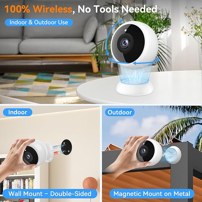Magnetic Security Camera Wireless - 4Pack AI Motion Detection, 2K HD Video, Battery Powered, Ease of Setup, 2-Way Audio,IR Color Night Vision, Waterproof, Outdoor & Indoor Surveillance