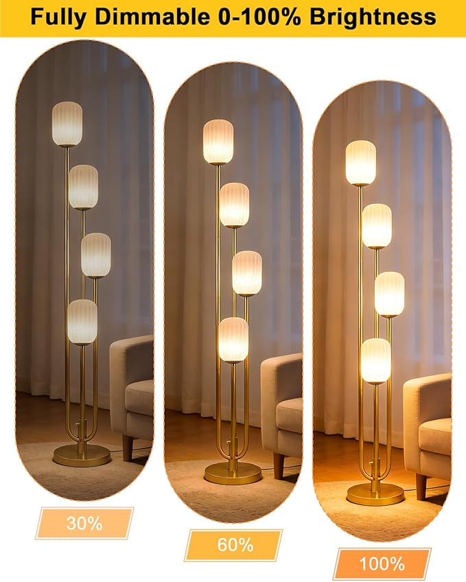 Lightdot Gold Floor Lamp 4-Lights Dimmable Floor Lamps with Cylinder-Shaped Lampshade 3000K Bulbs Included Unique Modern Standing Tall Lamp for Living Room/Bedroom/Sofa Beside/Corner Decor