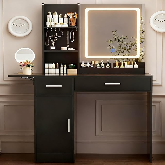 Vanity Desk with Mirror and Lights, 39.37" 4 Drawers Makeup Desk Without Stool, Extra Foldable Desk with 3 Open Shelves Make Up Table for Girls and Ladies Bedroom, Black