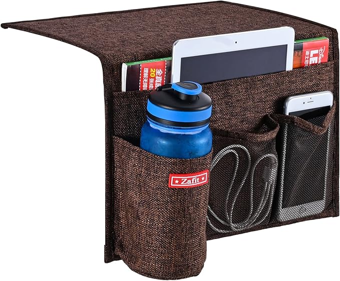 Linen 4 Pockets Bedside Caddy, Bedside Storage Organizer for Magazine, Remotes, Phone (Coffee)