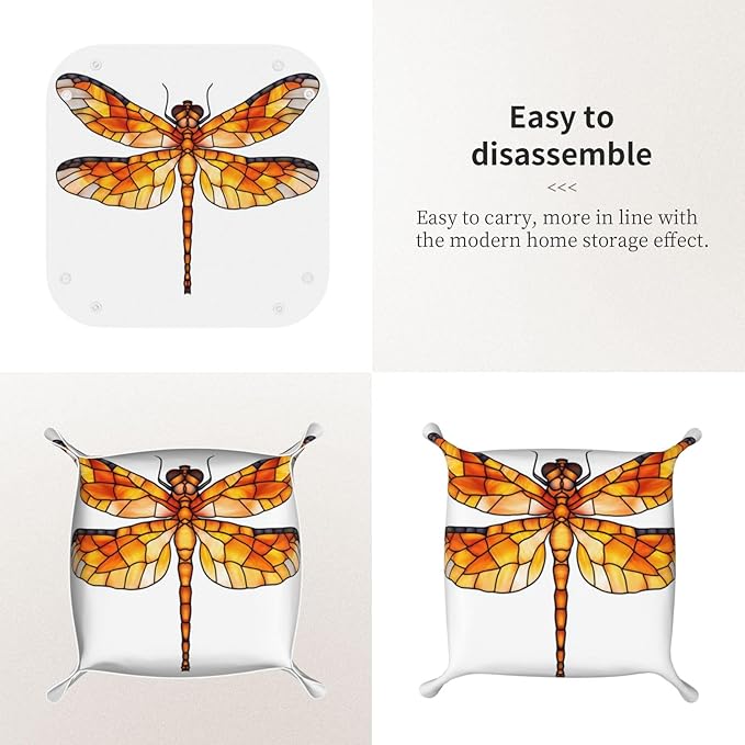 Stained Glass Dragonfly Simple Minimal Valet Tray Leather Desktop Storage Organizer Bedside for Jewelry Keys Coin Candy