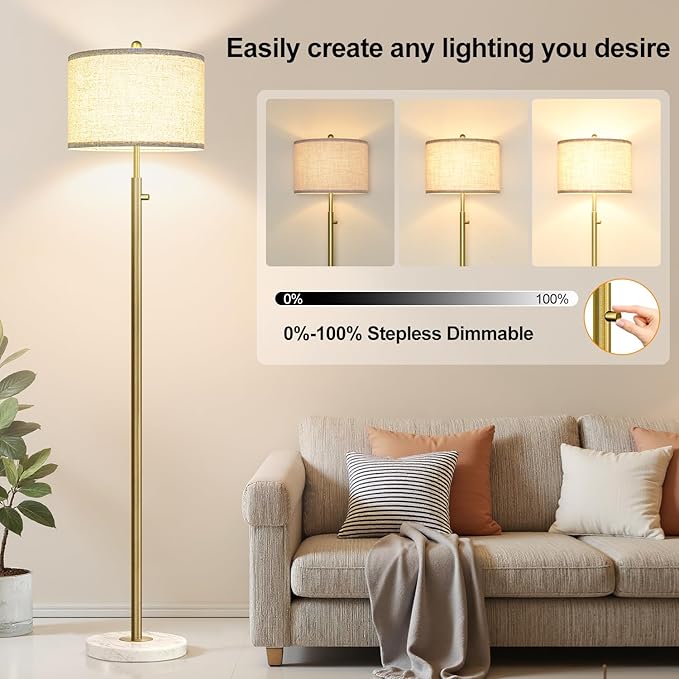 【Upgraded】 Dimmable Floor Lamp for Living Room, 11W LED Bulb Included, Modern Standing Lamp with Marble Base, Tall Pole Light with Linen Shade for Bedroom Reading Office Corner Nursery-Brass Gold