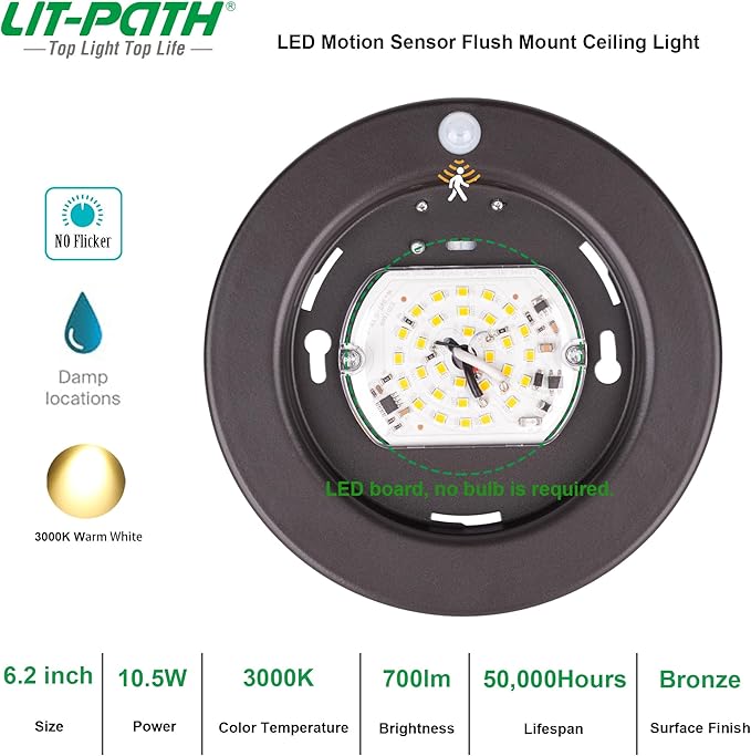 LIT-PaTH LED Flush Mount Ceiling Light, Closet Lighting Fixture with Motion Sensor, 10.5W, 700 Lumen, 6.2 Inch, Anti-Rust Galvanized Housing, Bronze Finish 3000K 4-Pack