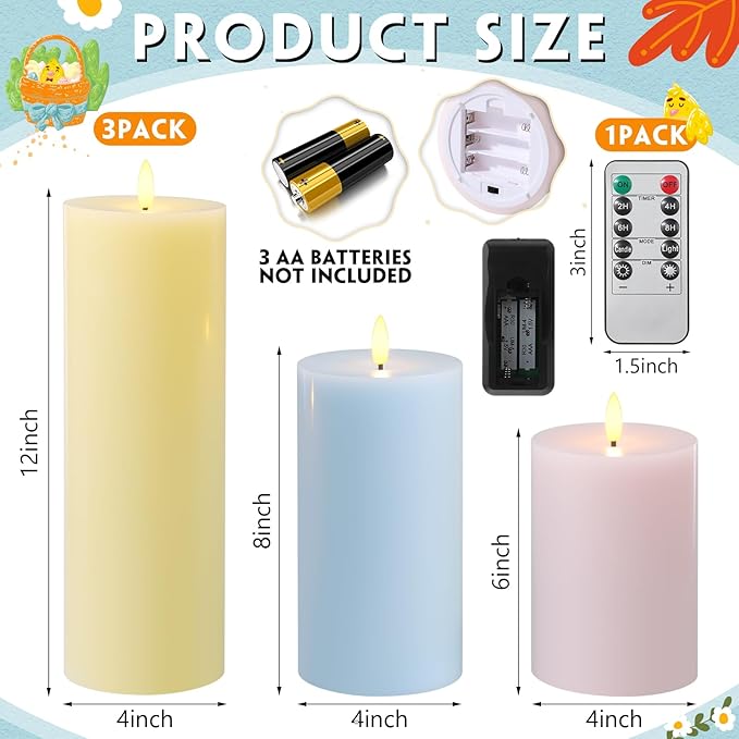 Retisee 3 Pcs Large Easter Flameless LED Candles with Remote Battery Operated Pillar Flickering Candle Light for Spring Indoor Outdoor Party Wedding Decor(6''/8''/12''x4'')