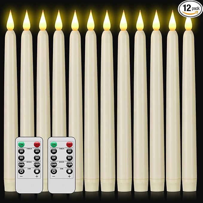 Flameless Taper Candles with Remote Control,12pack Dripless Plastic LED Candles, Flickering Candle Battery Operated,9.2''Classic Tall Candle for Wedding,Party,Halloween,Christmas,Home Decor (Ivory)