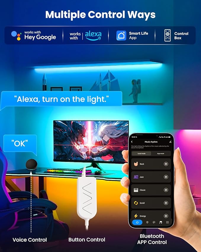 9.84ft LED Lights for 32-43 Inch TV, RGB+IC TV Lights Backlight Strip Behind, with 44 Scene Modes, Bluetooth APP and Voice Control, Music Sync Smart Ambient Lighting for Gaming, Bedroom, Living Room