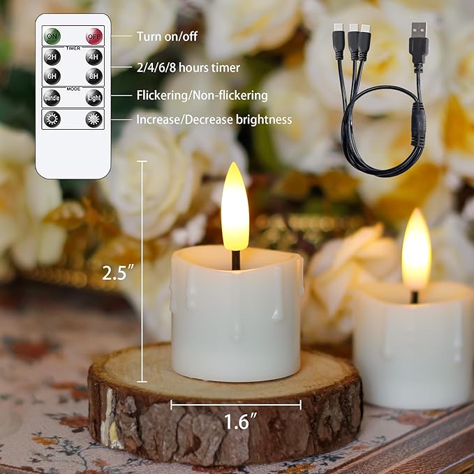 Rechargeable Flameless 1.6" x2.5" Tea Light Candles with Remote & Type-C Charging Cable, Timer LED Flickering Ivory Plastic 6pcs Mini Dripping Wax Votive Tealight